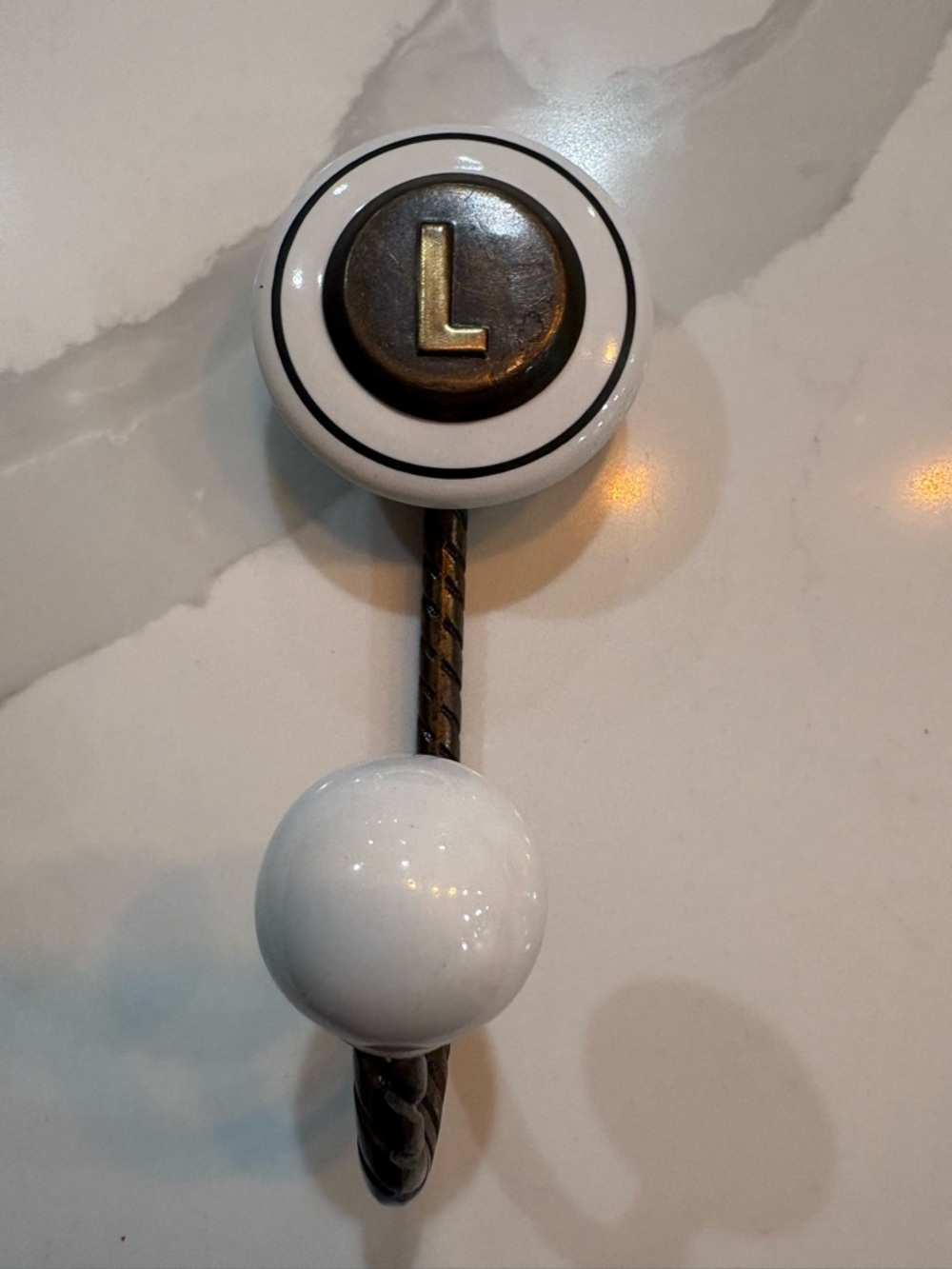 Anthropologie White Ceramic & Bronze 'L' Wall Hook